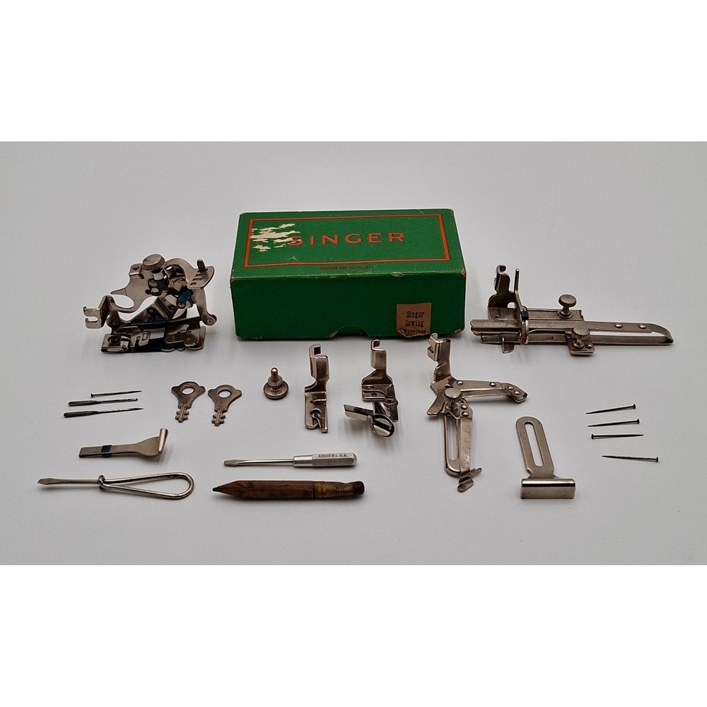 Vintage Singer Sewing Machine Attachments Green Box Ruffler Tucker Feet Tools